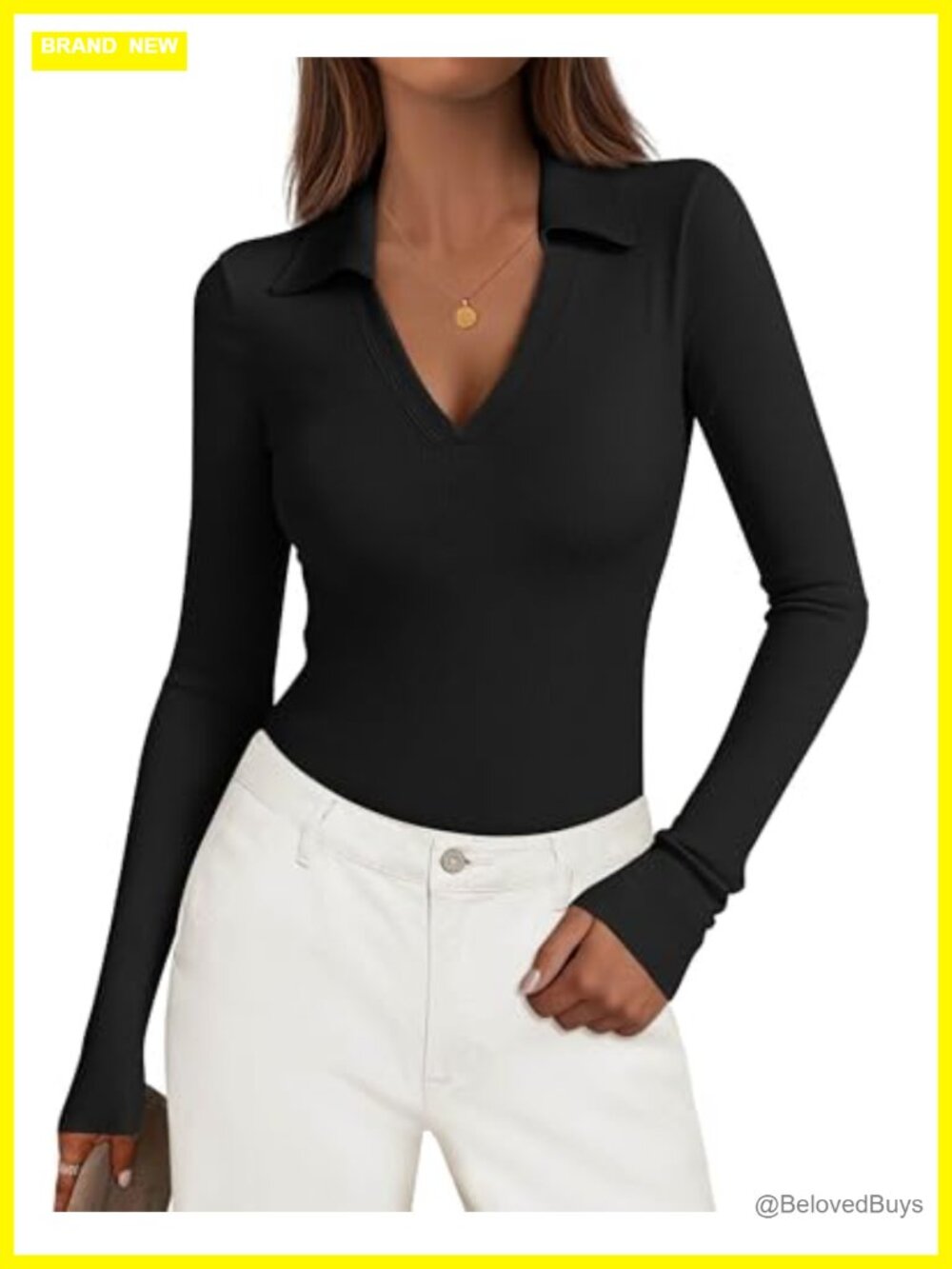 Ribbed Knit Long Sleeve Polo Shirt Slim Fit V-Neck Collared Top